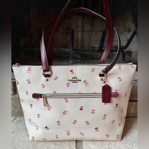 Coach Cream and Pink Floral Gallery Tote with Leather Accents